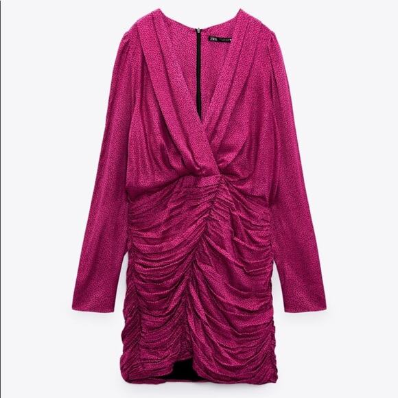 ZARA BLOGGER FAVORITE SATIN EFFECT PRINT DRESS FUCHSIA - Picture 11 of 14